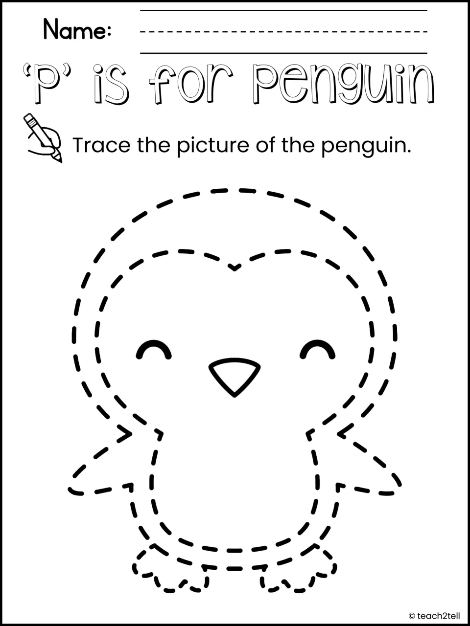 'P' is for Penguin: students trace the dashed outline of a smiling penguin picture, a fine-motor tracing task