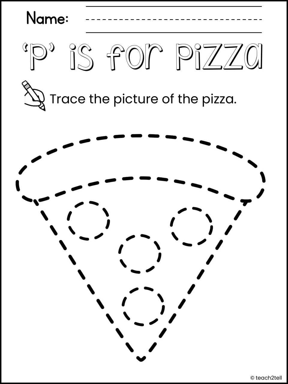 'P' is for Pizza: students trace the dashed outline of a pizza slice with four pepperoni rounds, picture tracing practice