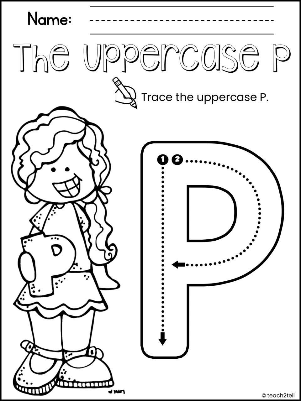 The Uppercase P: students trace a large capital P following strokes 1 and 2 with direction arrows; girl holding P