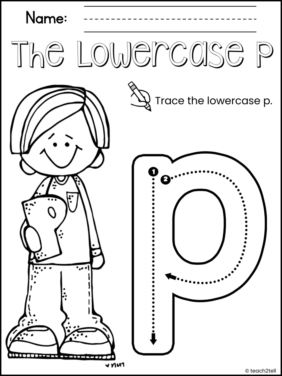 The Lowercase P: students trace a large lowercase p using numbered start points and arrows for stroke order; boy holding p