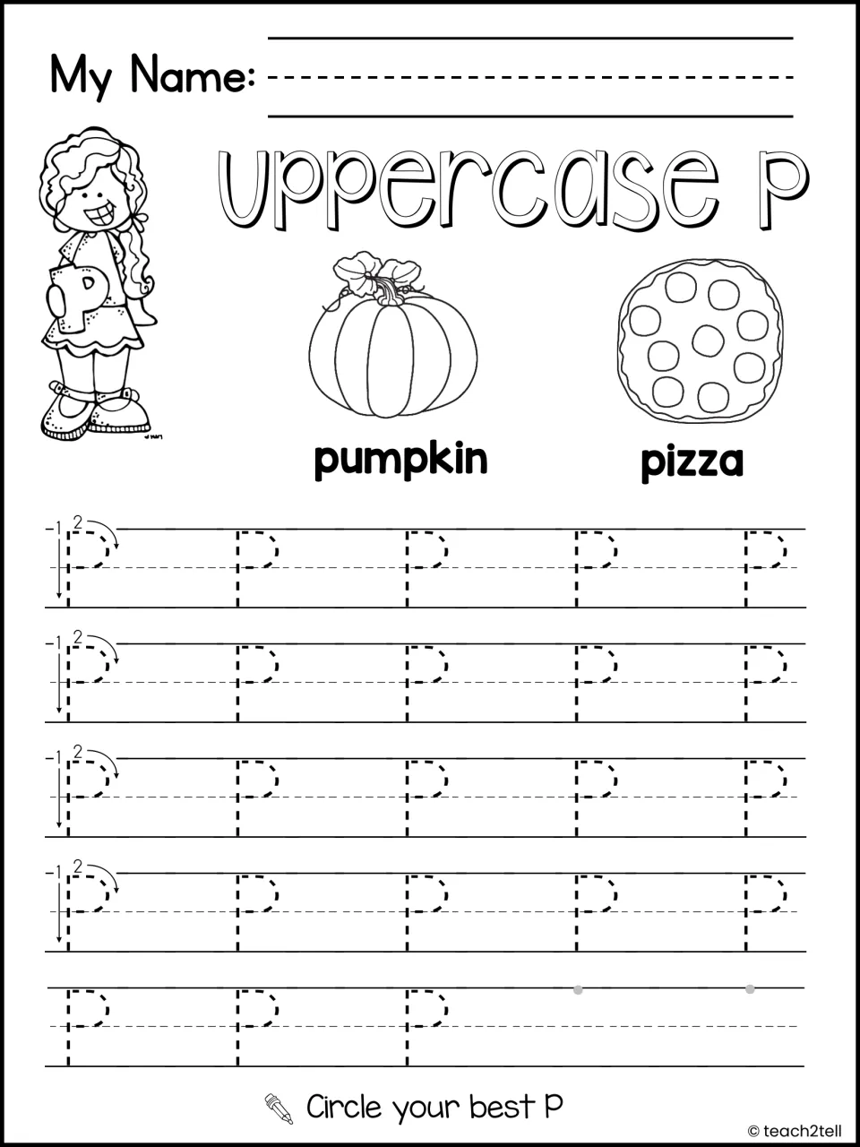 Uppercase P handwriting: students trace rows of dashed P's with pumpkin and pizza pictures, then circle their best P
