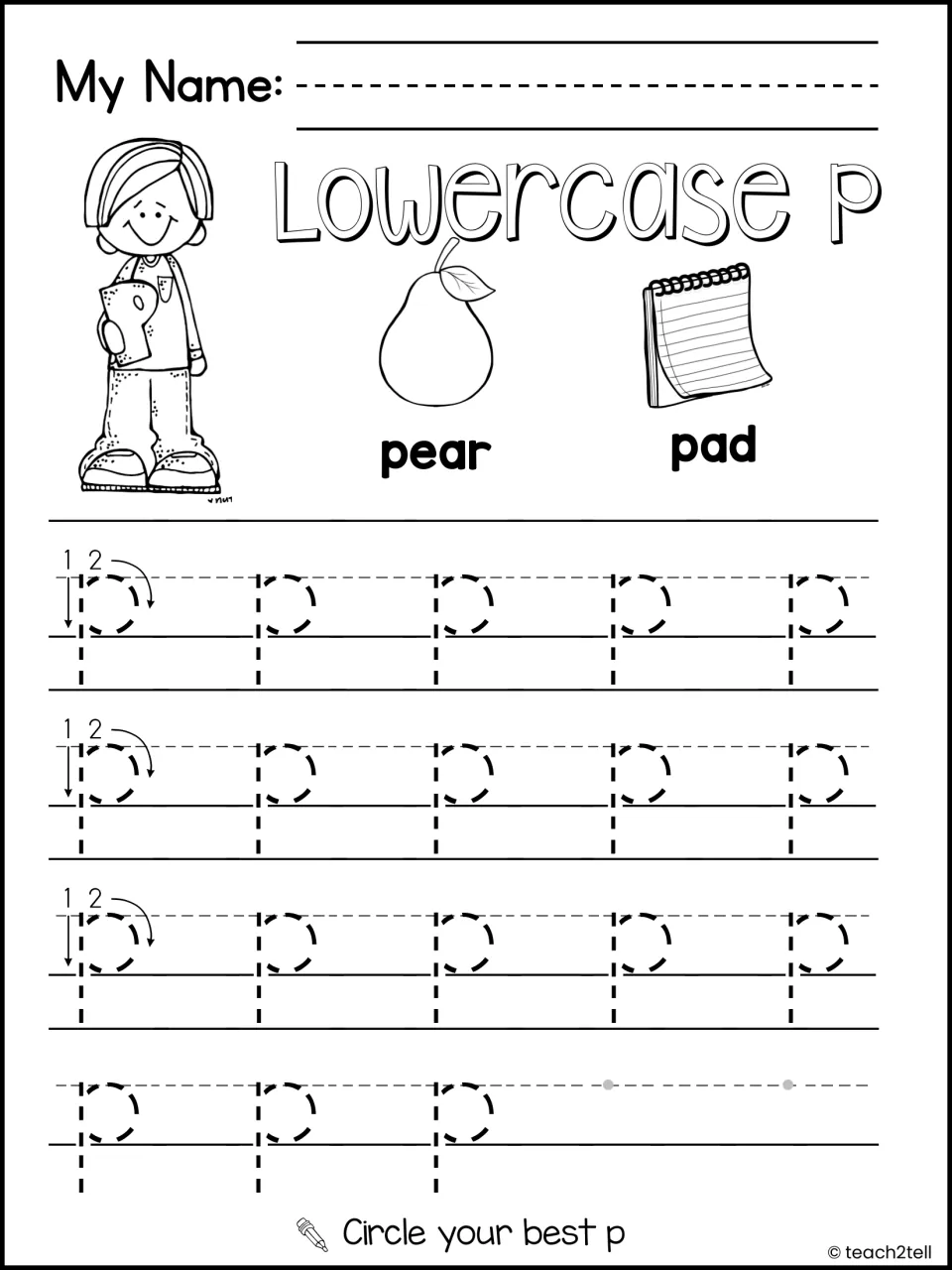 Lowercase p handwriting: students trace rows of dashed p's with pear and pad pictures, then circle their best p