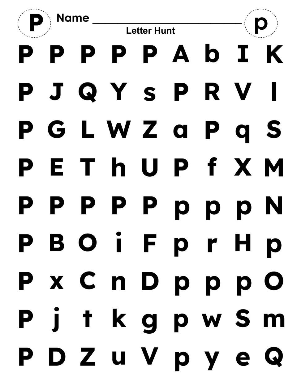 Letter Hunt for P and p: students find and color every uppercase P and lowercase p hidden among other letters