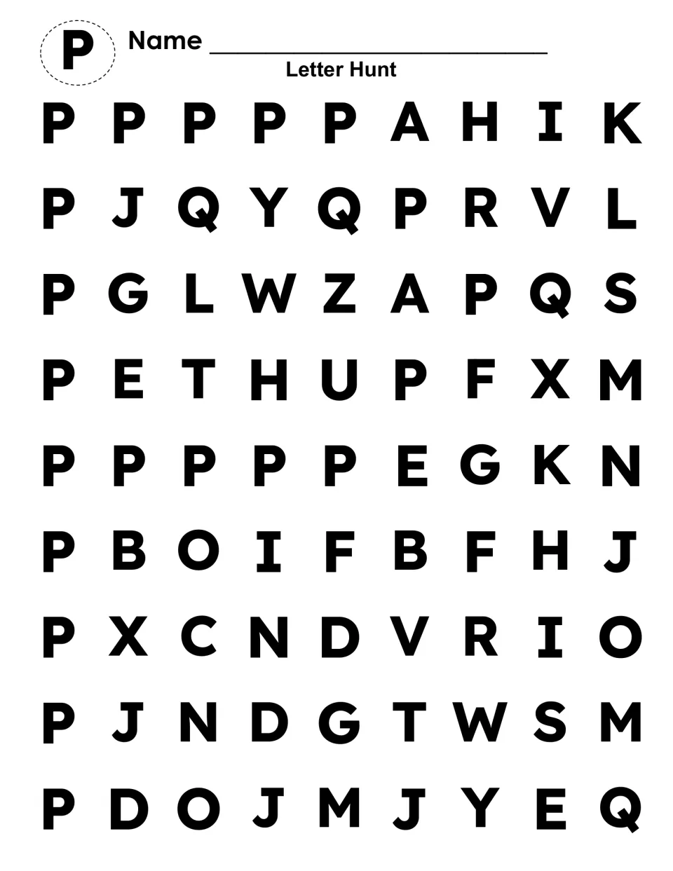 Capital P letter hunt: students color every uppercase P hidden among other capital letters to reveal a large P shape