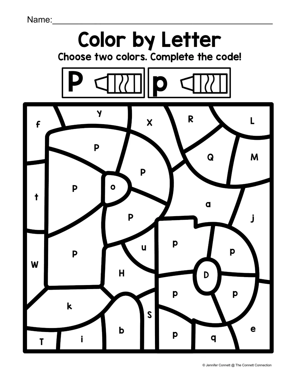 Letter P color-by-code activity featuring large uppercase P and lowercase p shapes and a two-color P/p code