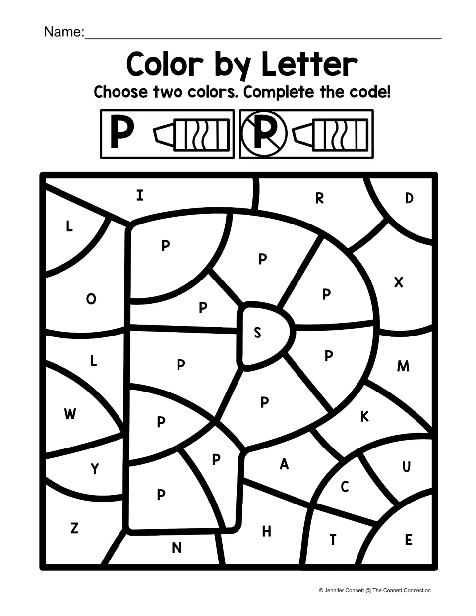 Uppercase P color-by-code activity featuring a large P shape, with one color for P and another for other letters