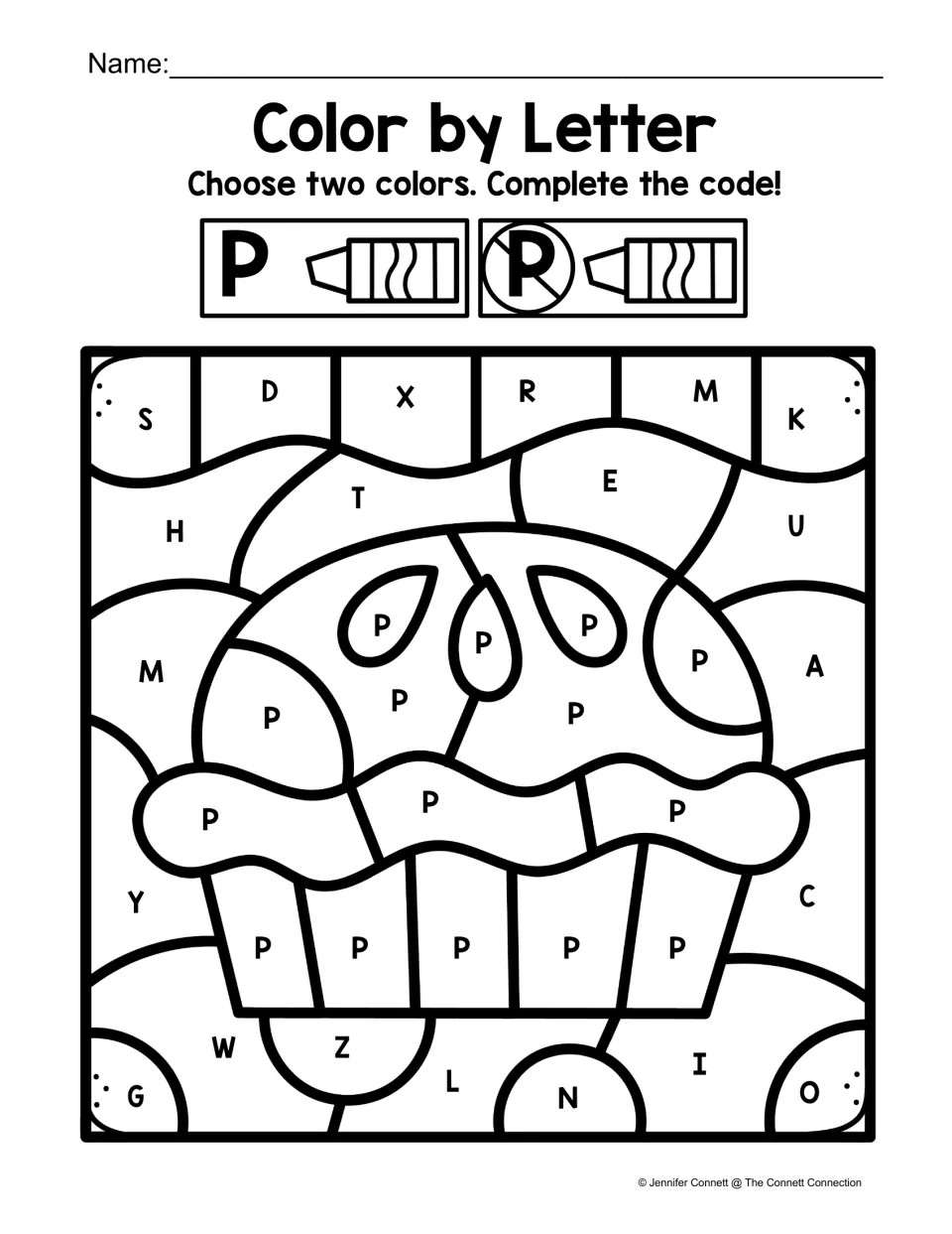 Letter P color-by-code pie activity, using one color for uppercase P and a second color for other letters