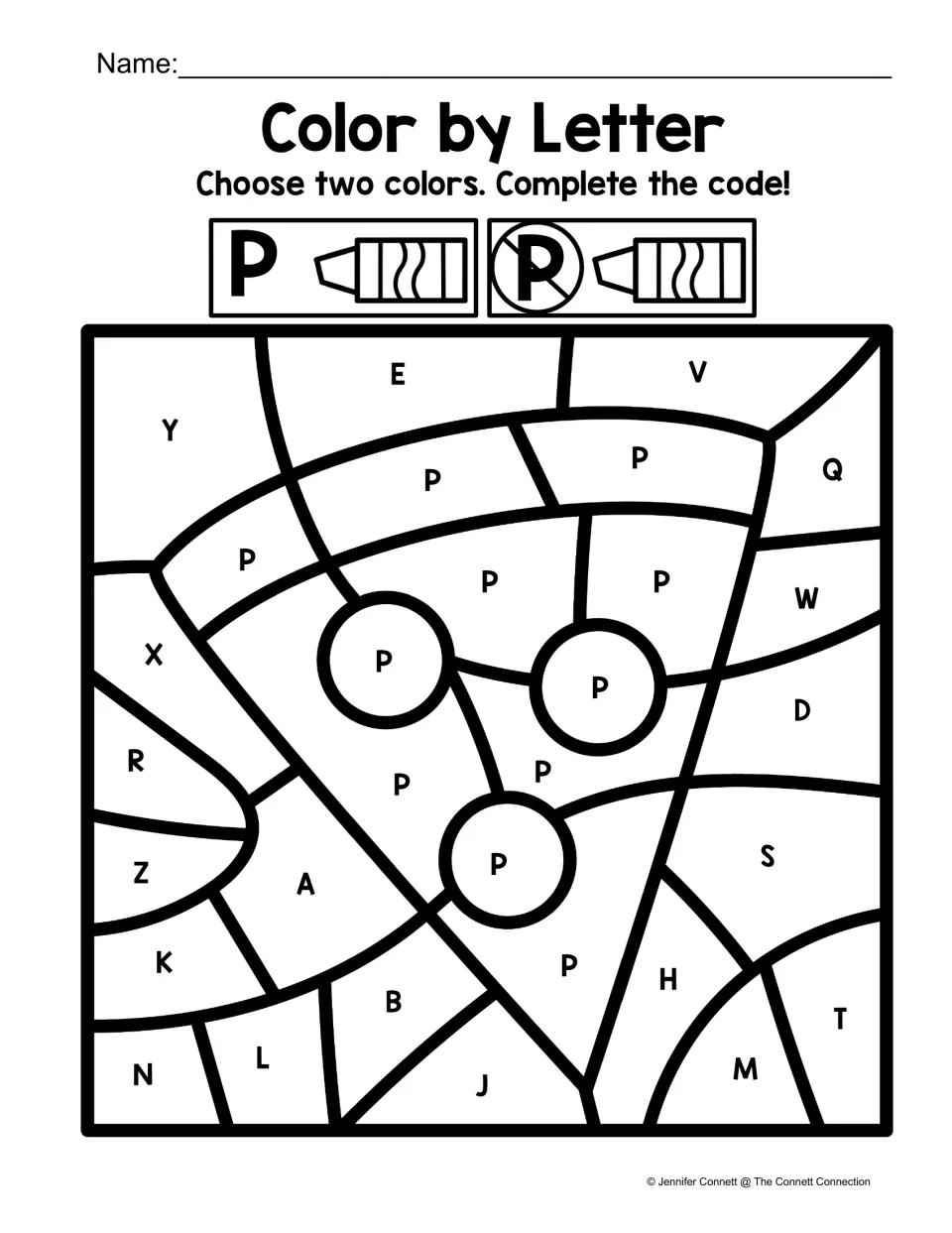 Letter P color-by-code pizza activity, using one color for uppercase P and another color for other letters