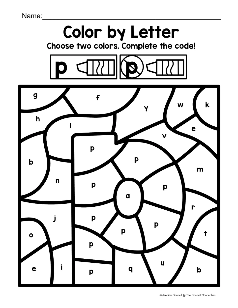 Lowercase p color-by-code activity featuring a large p shape, with separate colors for p and other letters