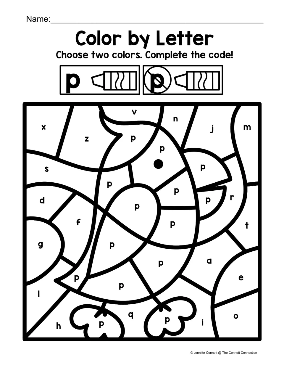 Letter P color-by-code parrot activity, using one color for lowercase p and another color for other letters