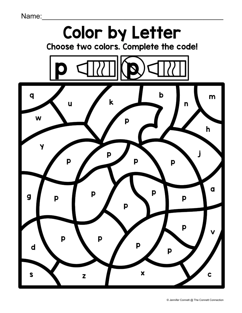 Letter P color-by-code pumpkin activity, using one color for lowercase p and a second color for other letters