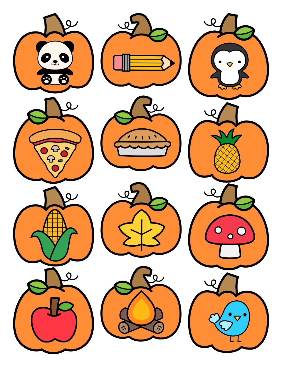 Pumpkin picture cards to sort by beginning sound: panda, pencil, penguin, pizza, pie, pineapple, corn, apple and more