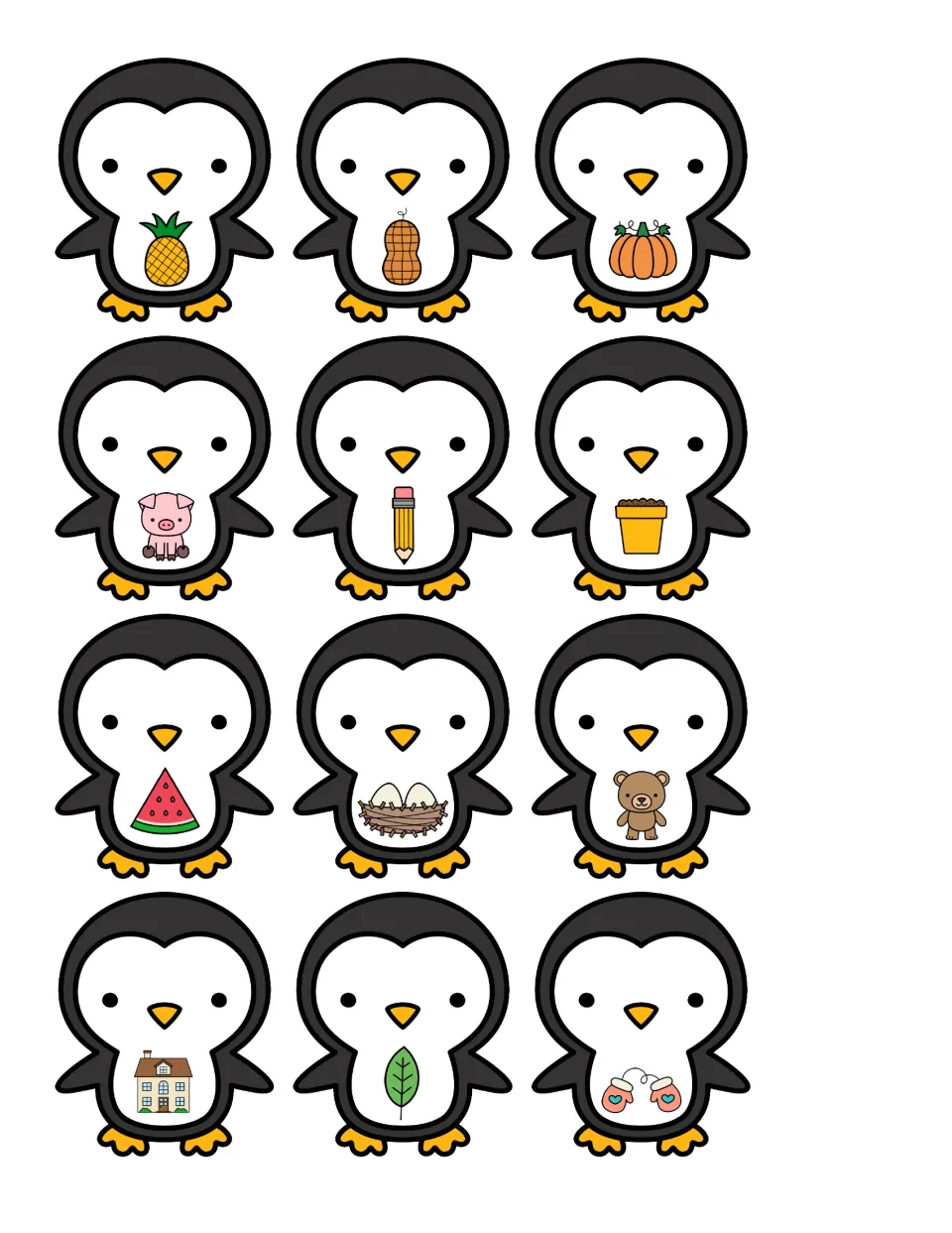 Penguin picture cards to sort: pineapple, peanut, pumpkin, pig, pencil, pot, watermelon, nest, bear, house, leaf, mittens