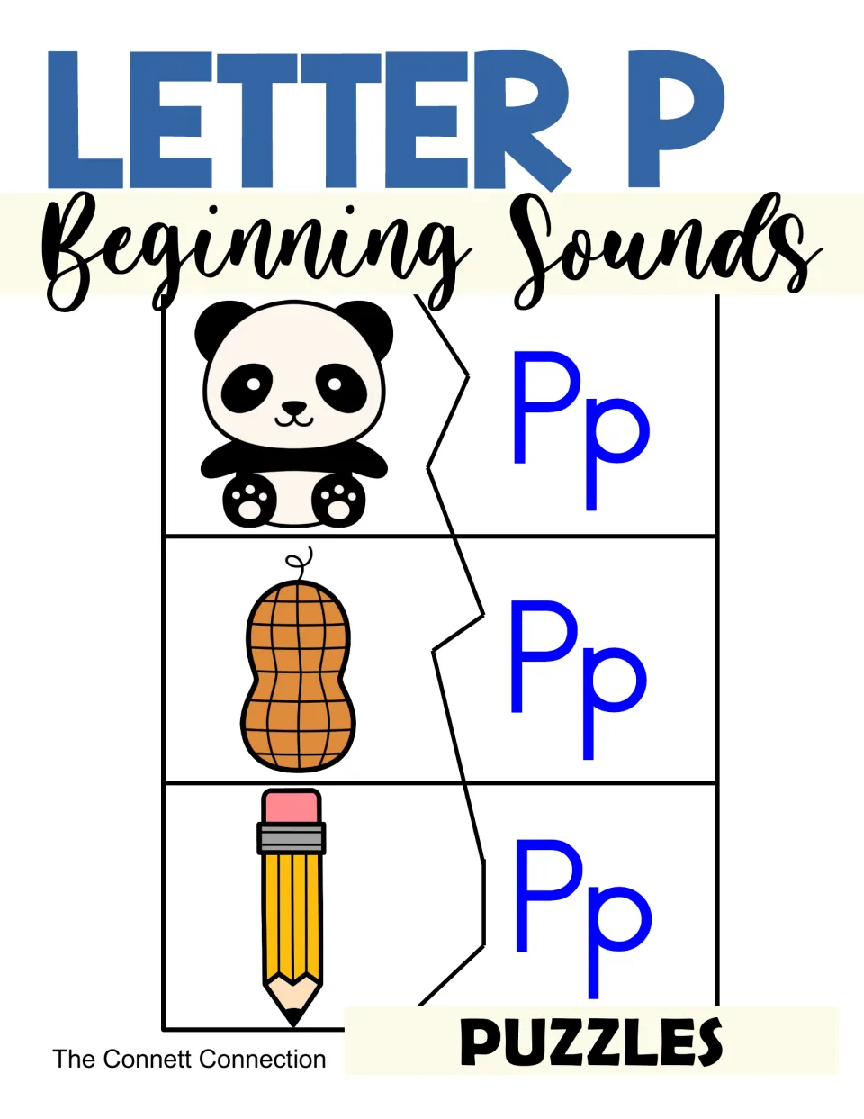 Letter P Beginning Sounds Puzzles cover: two-piece puzzles pairing a panda, peanut and pencil picture with Pp