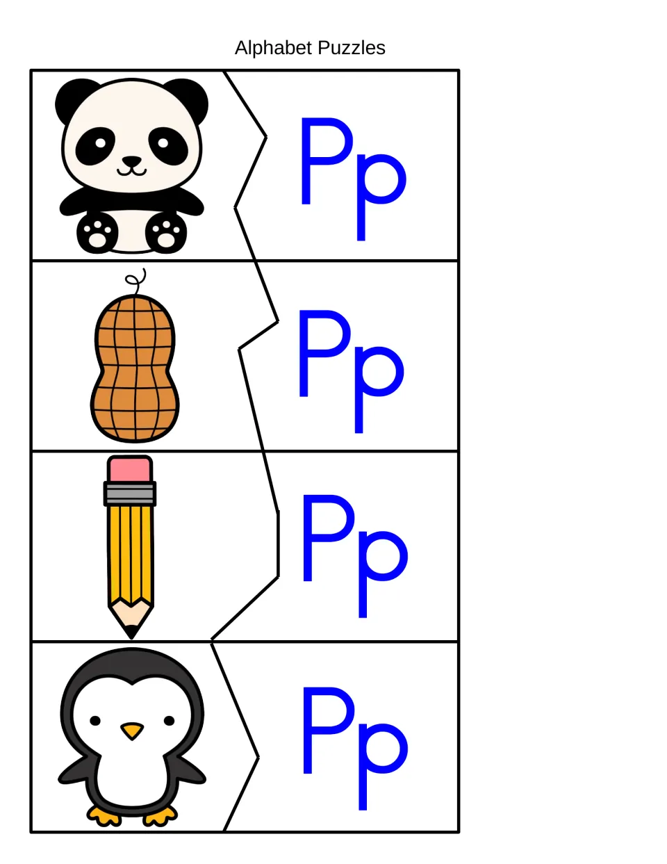Alphabet puzzles for initial /p/: students cut apart and match panda, peanut, pencil and penguin pictures to Pp halves