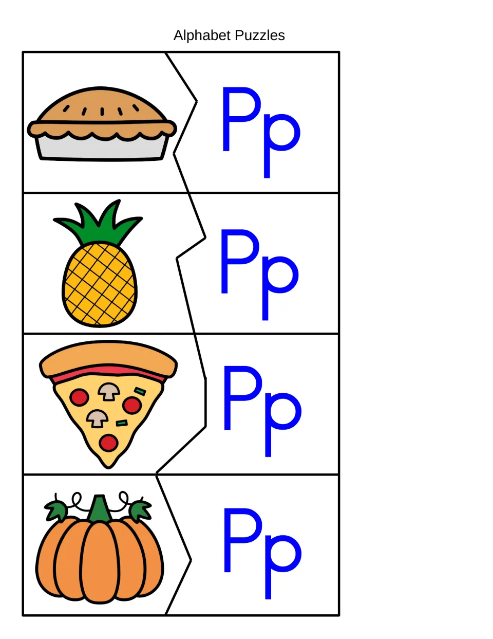 Food pictures for /p/: students match pie, pineapple, pizza and pumpkin puzzle pieces to Pp to practise beginning sounds