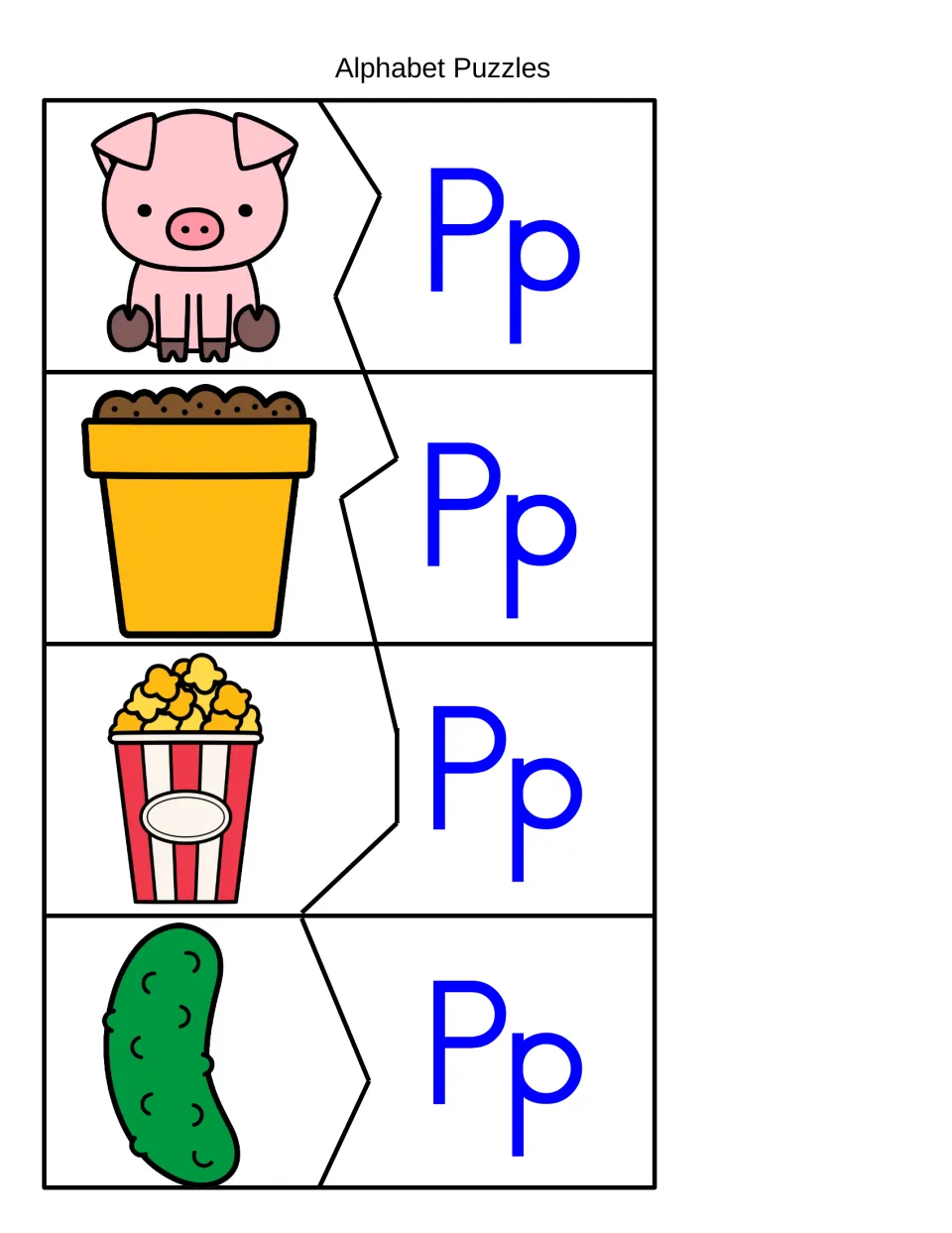 Initial sound P matching: students join pig, flower pot, popcorn and pickle picture pieces to their Pp letter pieces
