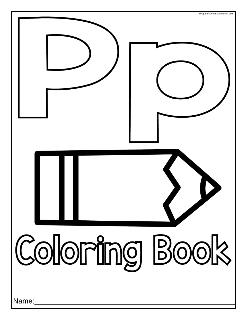 Letter Pp coloring book cover: outlined uppercase and lowercase P, a pencil to color and a line for the student's name