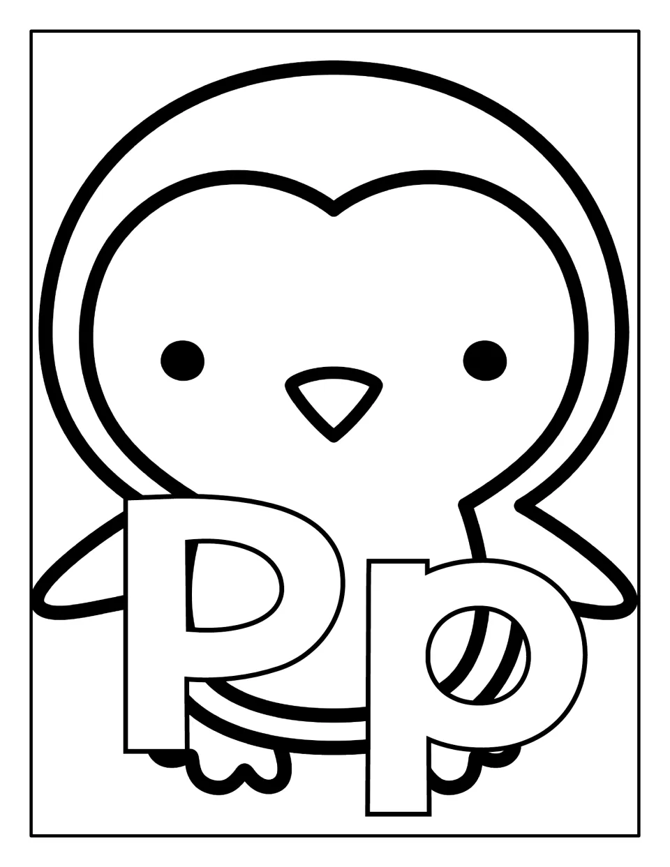 Letter P penguin coloring page: students color a cartoon penguin holding outlined uppercase and lowercase Pp letters