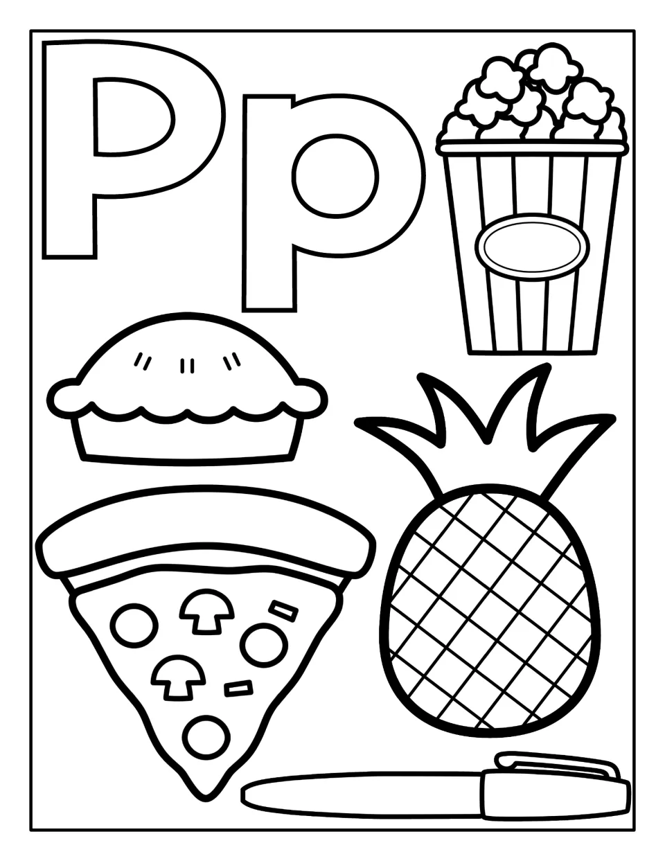 Letter P picture page: students color Pp plus popcorn, pie, pizza, pineapple and a pen, all words starting with P