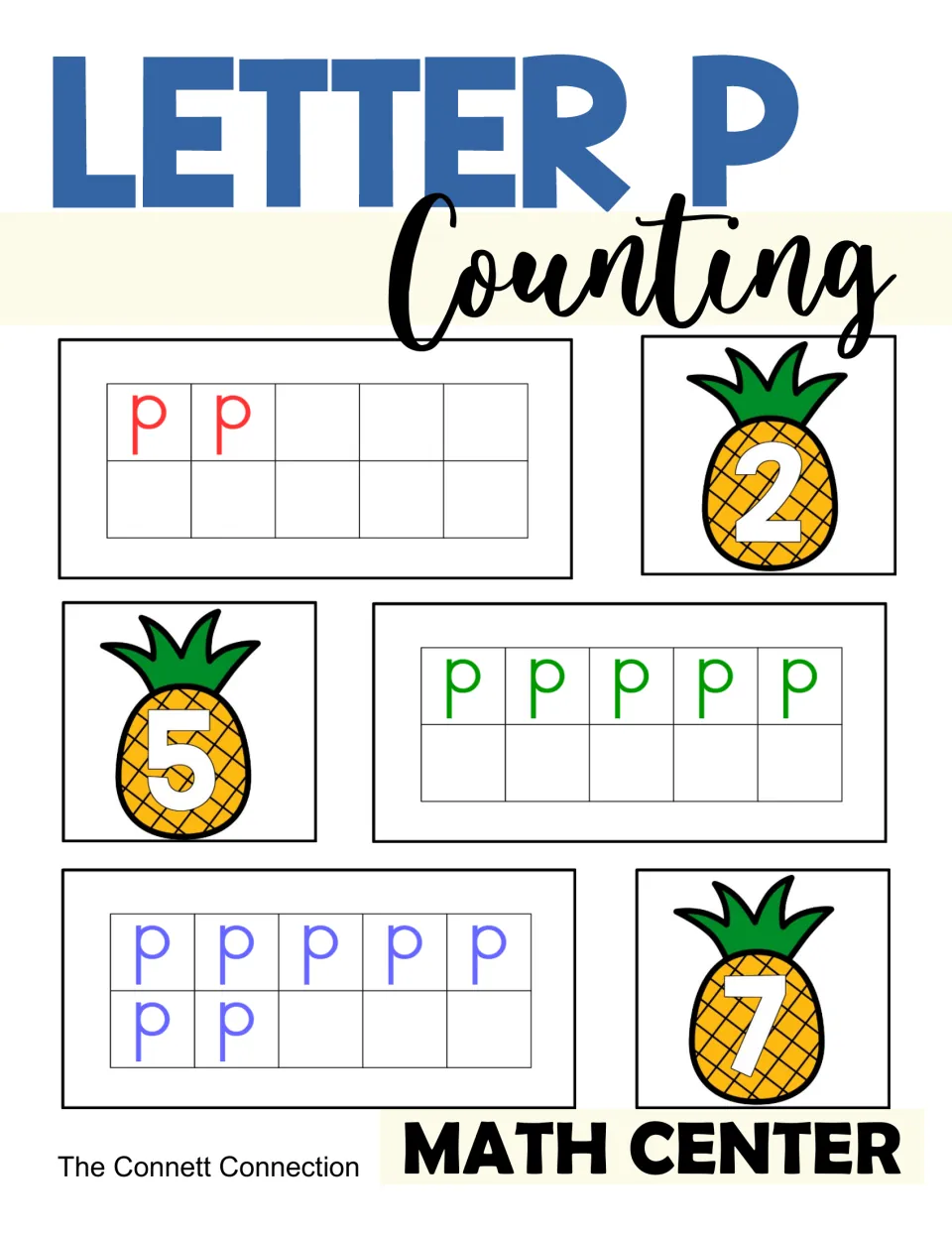 Letter P Counting math center cover: ten-frame cards filled with letter p beside pineapple number cards 2, 5 and 7