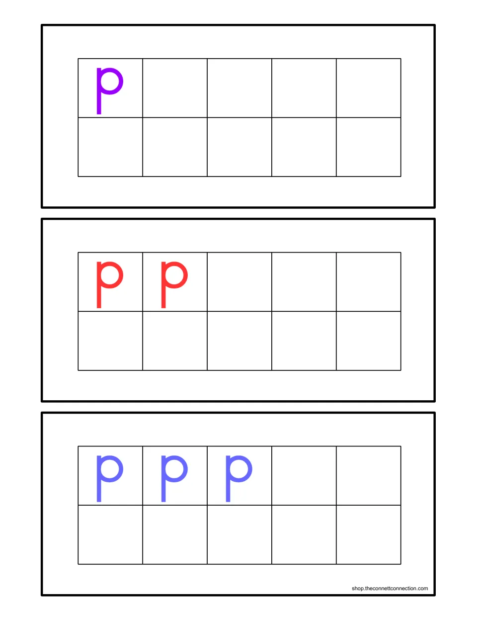 Counting ten-frame cards showing 1, 2 and 3 lowercase p letters; students count the p's and match each to its number