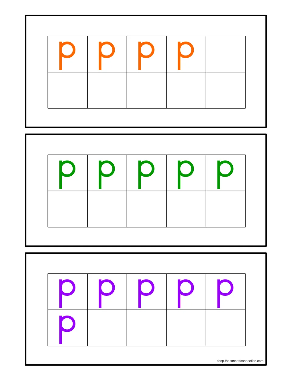 Counting ten-frame cards with 4, 5 and 6 lowercase p letters for students to count and match to a pineapple numeral
