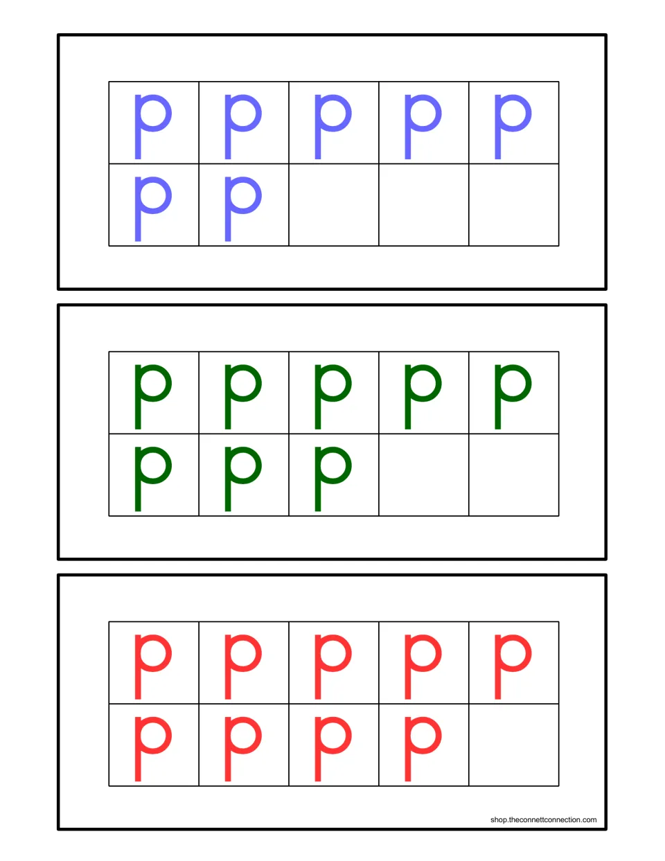Counting ten-frame cards filled with 7, 8 and 9 lowercase p letters; students count each set to find the matching number