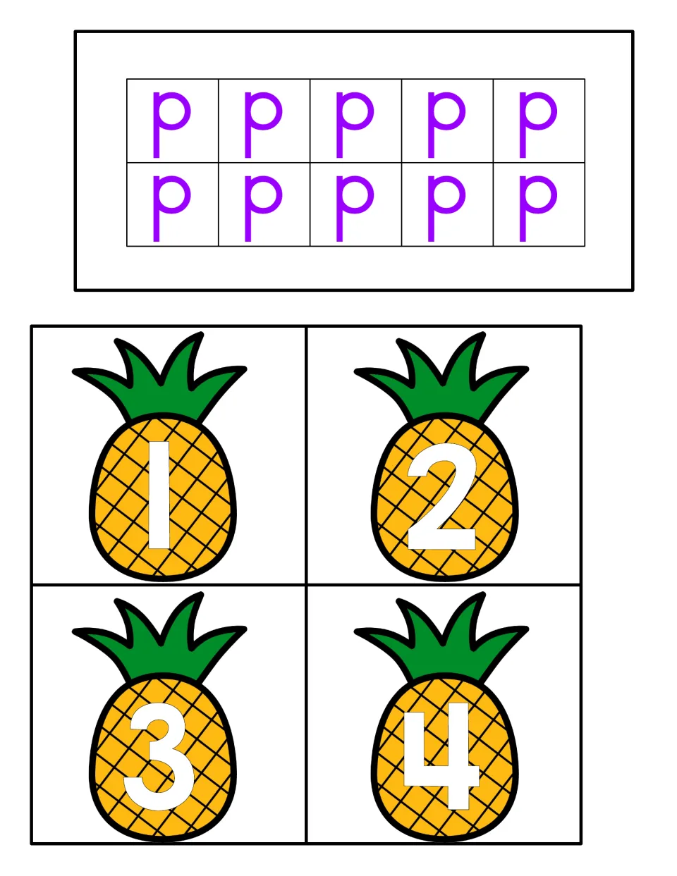 Full ten-frame card with 10 purple p letters, plus pineapple number cards 1 to 4 for matching quantities to numerals