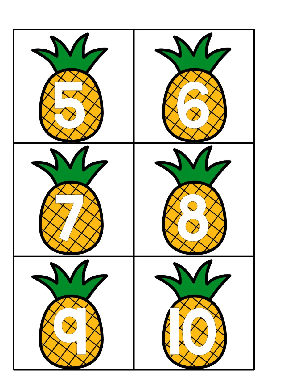 Pineapple number cards 5 through 10 with large white numerals for matching to the counted letter p ten-frame cards