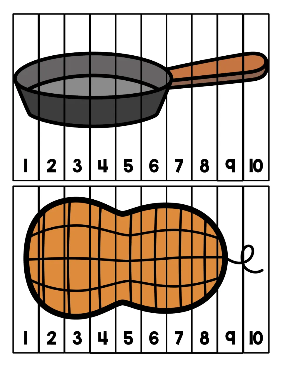 Pan and peanut puzzles: students cut each picture into 10 strips and put them in order from 1 to 10 to rebuild it