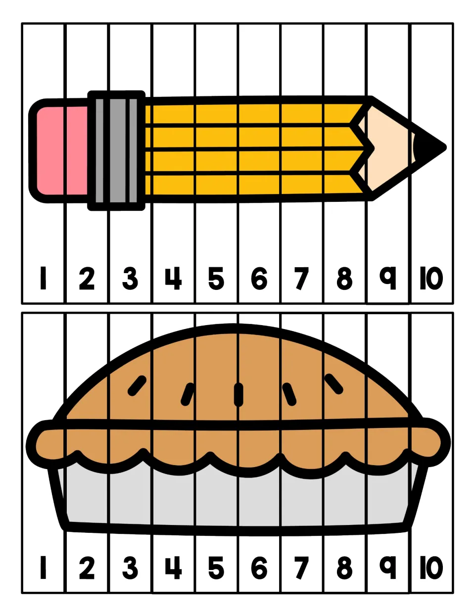 Pencil and pie puzzles: students order 10 numbered strips from 1 to 10 to rebuild each P picture, sequencing numbers