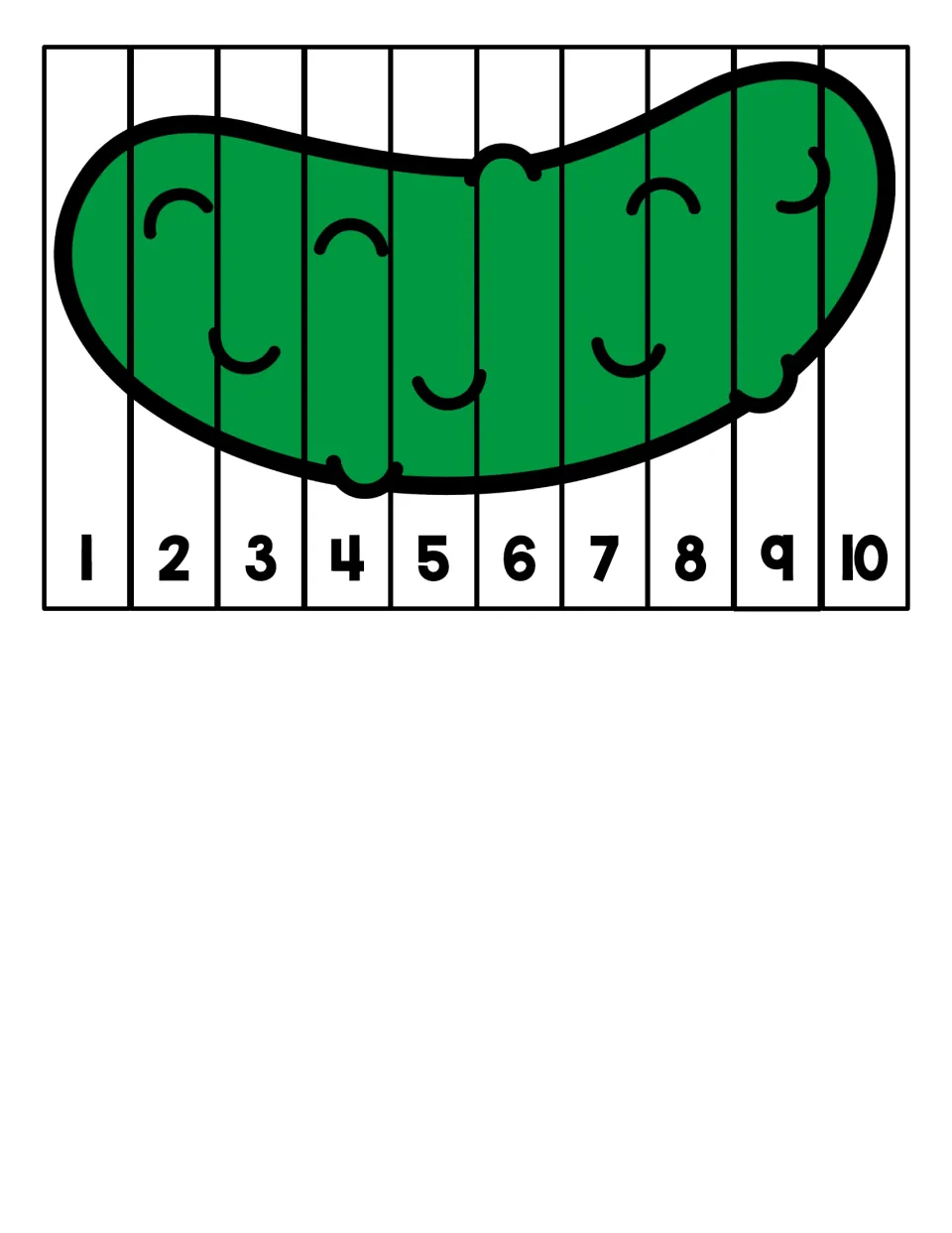 Pickle puzzle: students cut a green pickle into 10 strips numbered 1 to 10 and line them up in counting order