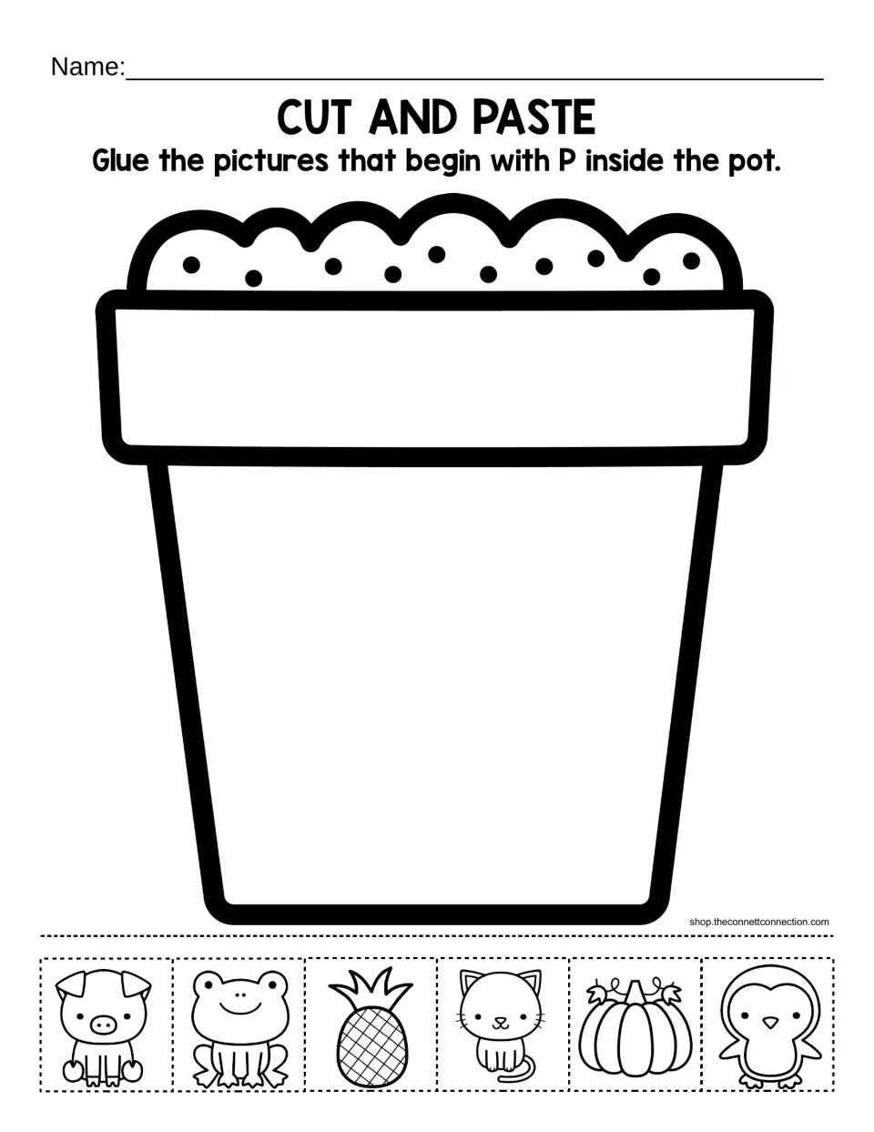 Letter P beginning sounds: students cut out pig, frog, pineapple, cat, pumpkin and penguin and glue P pictures in the pot