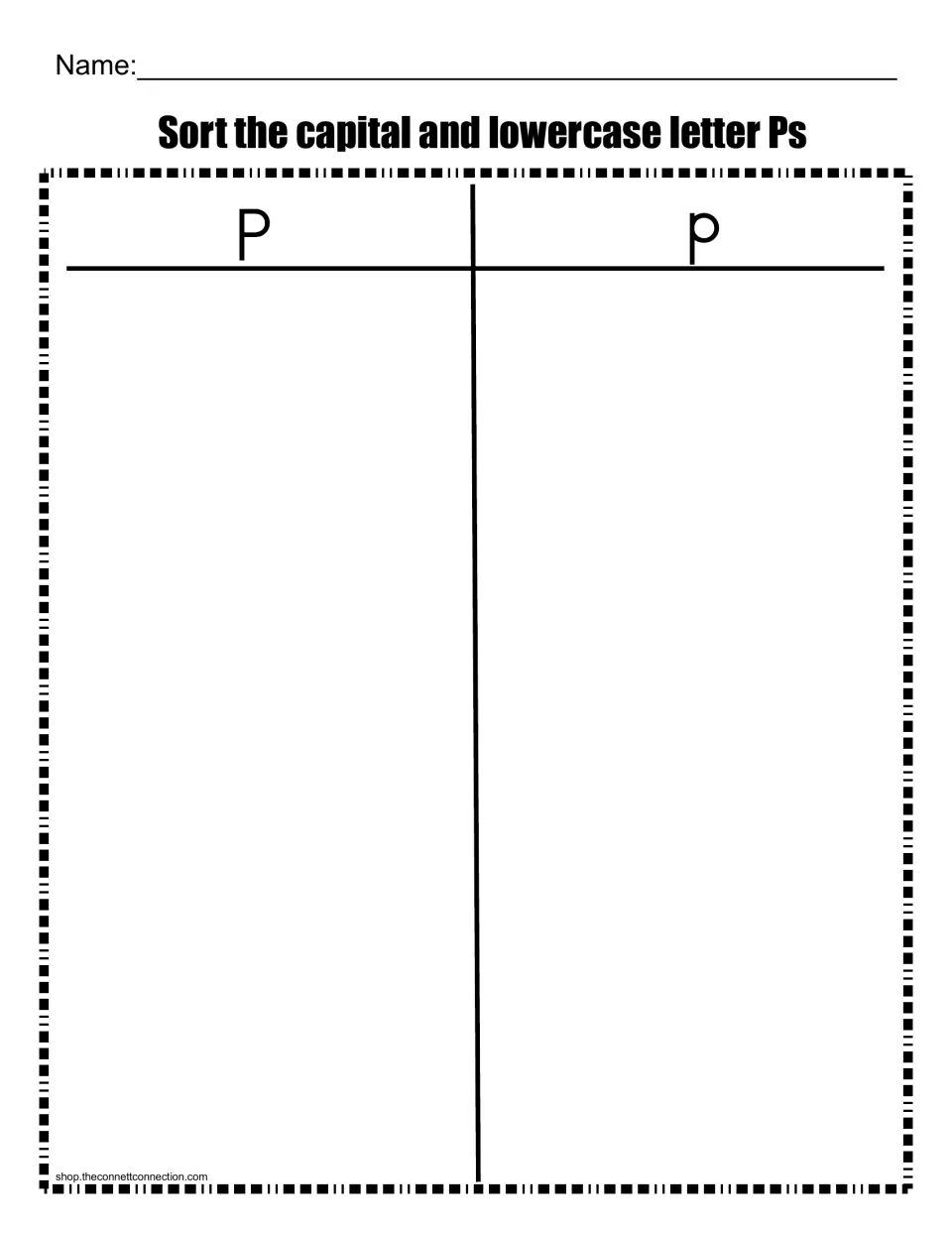 Capital and lowercase P sort: students sort letter Ps onto a T-chart, capital P on one side and lowercase p on the other