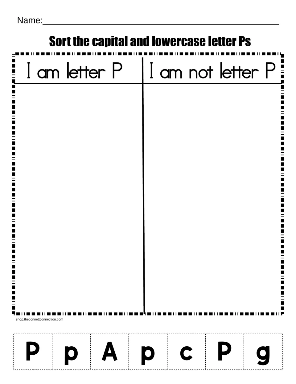 Letter P sort: students cut out seven letter tiles (P, p, A, c, g) and glue each under I am letter P or I am not letter P