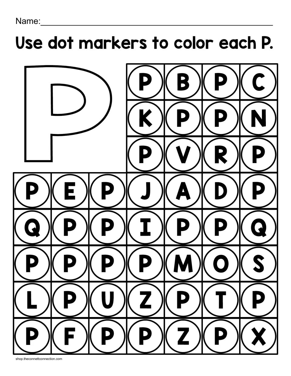 Uppercase letter P recognition: students use dot markers to color each P hidden among other capital letters