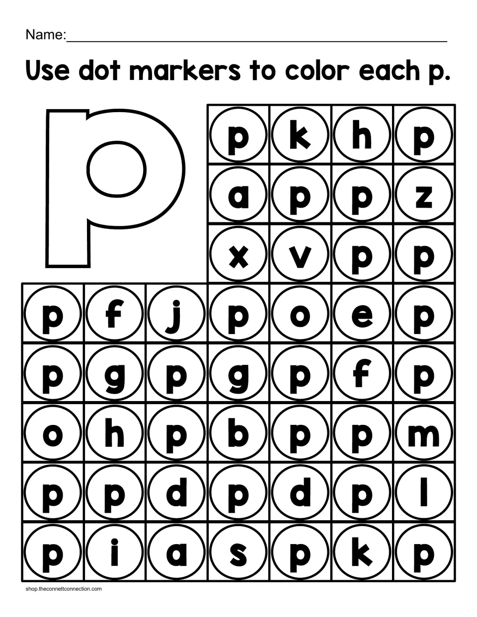 Lowercase letter p recognition: students use dot markers to color each p and skip look-alikes such as b, d and g