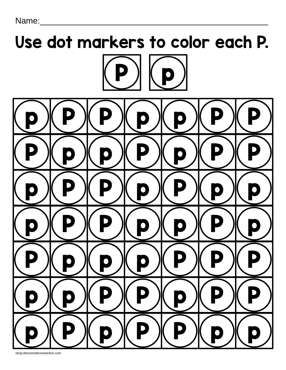 Matching capital P and lowercase p: students use dot markers to color every P and p among circled letters