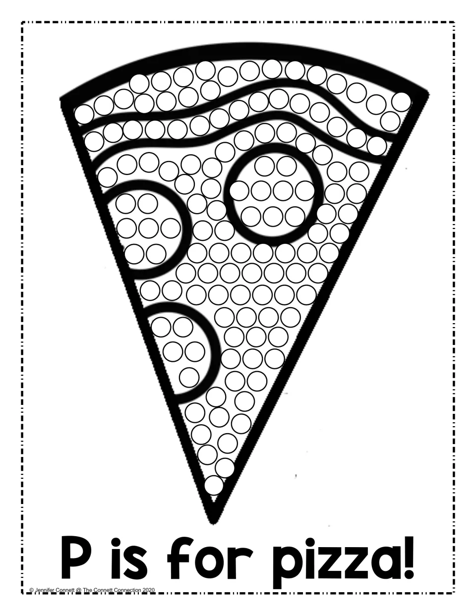 P is for pizza!: students fill every circle on a pepperoni pizza slice with dot paint, linking the picture to letter P