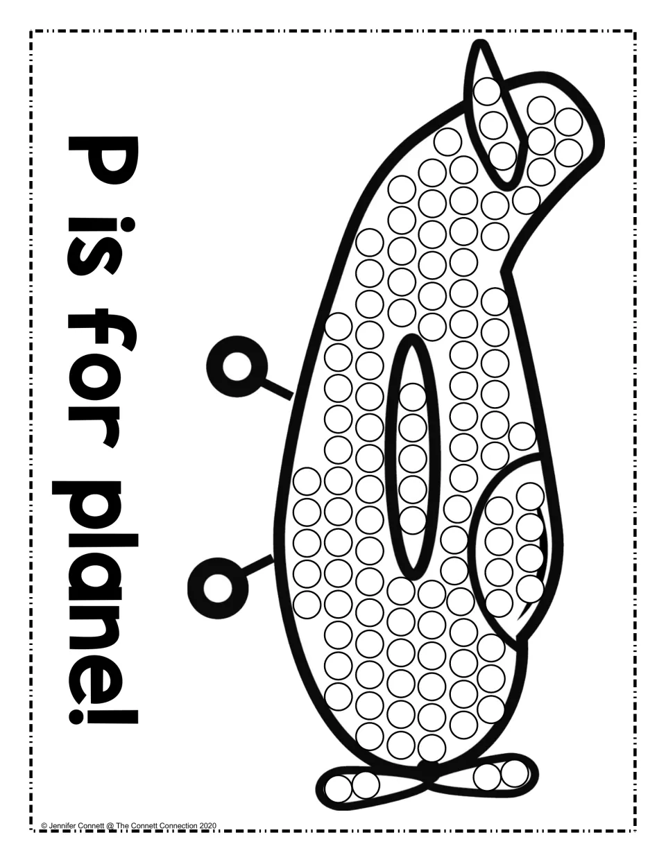 P is for plane!: sideways-printed picture filled with circles for children to dab with dot paint