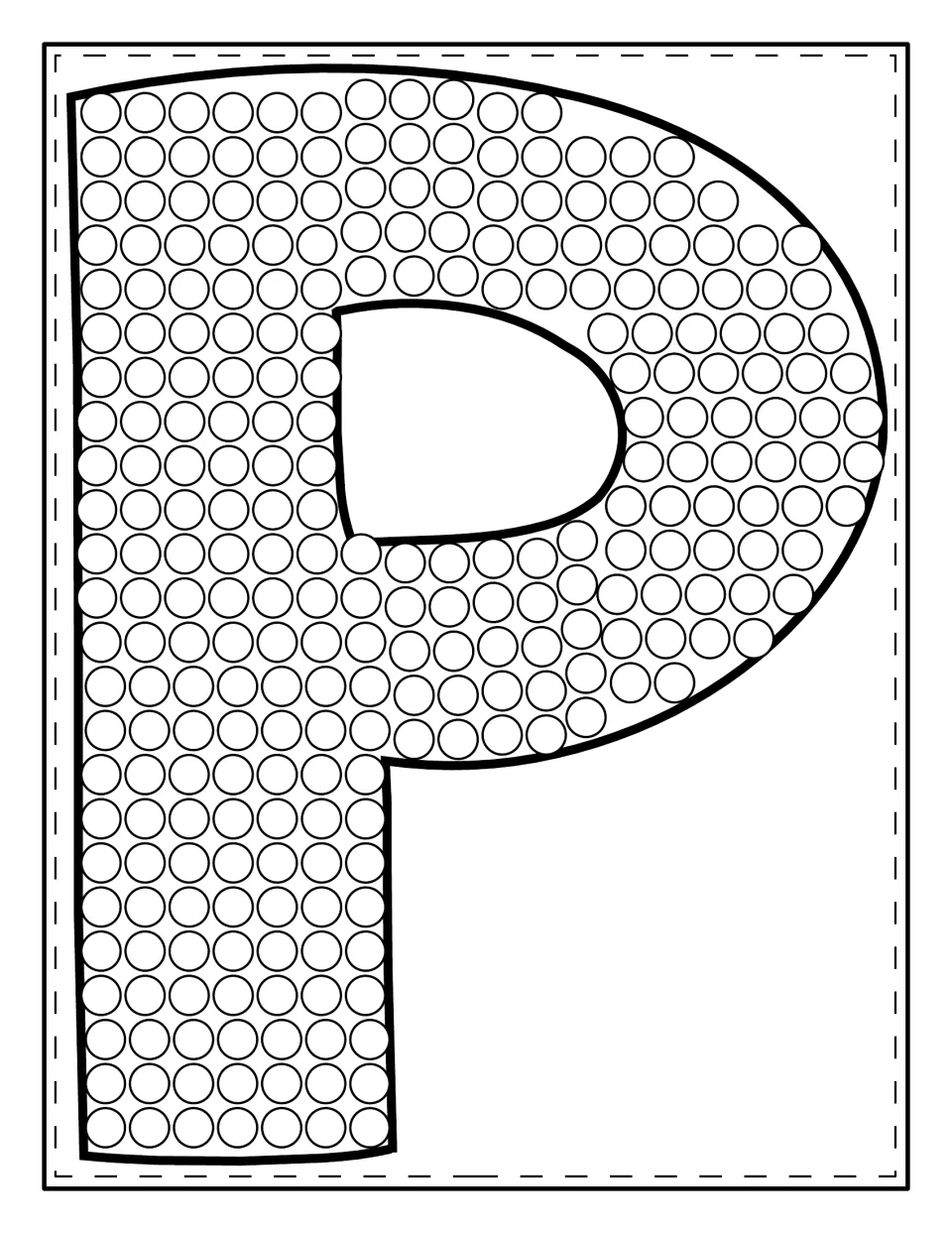 Uppercase P letter filled with rows of circles; students dab a dot in each one to trace the capital letter's shape