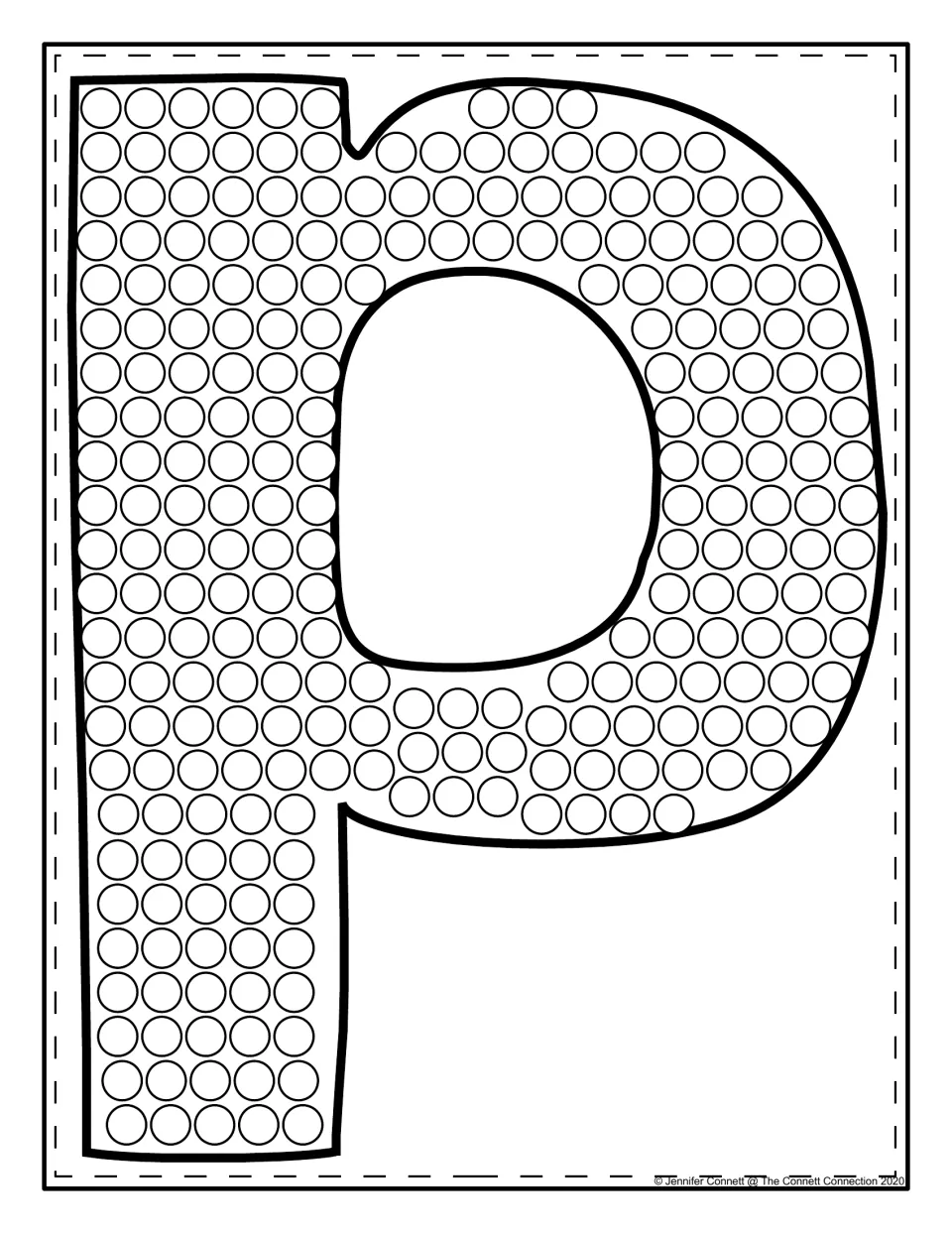 Lowercase p letter filled with circles for dot painting, so children practise the small letter's stem and round bowl