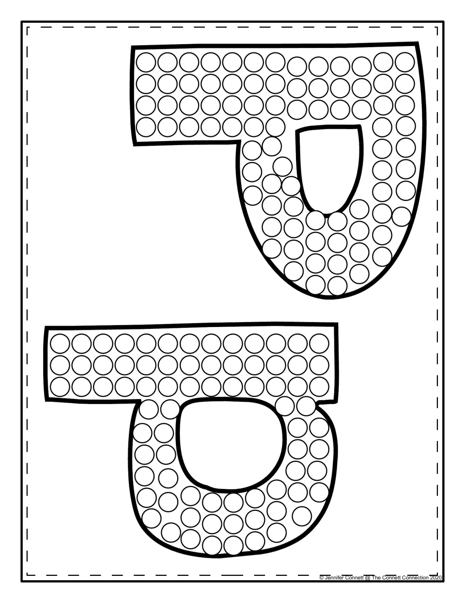 Two smaller sideways P letter shapes filled with circles, giving children more letter P dot-marker practice on one sheet