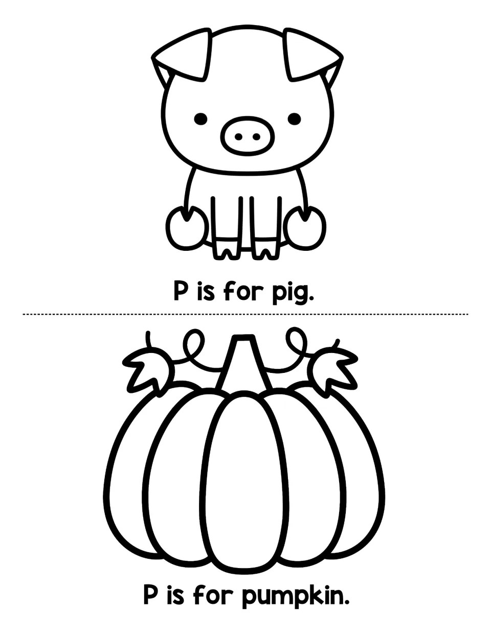 Letter P sound pages: students read P is for pig and P is for pumpkin and color the pig and pumpkin pictures