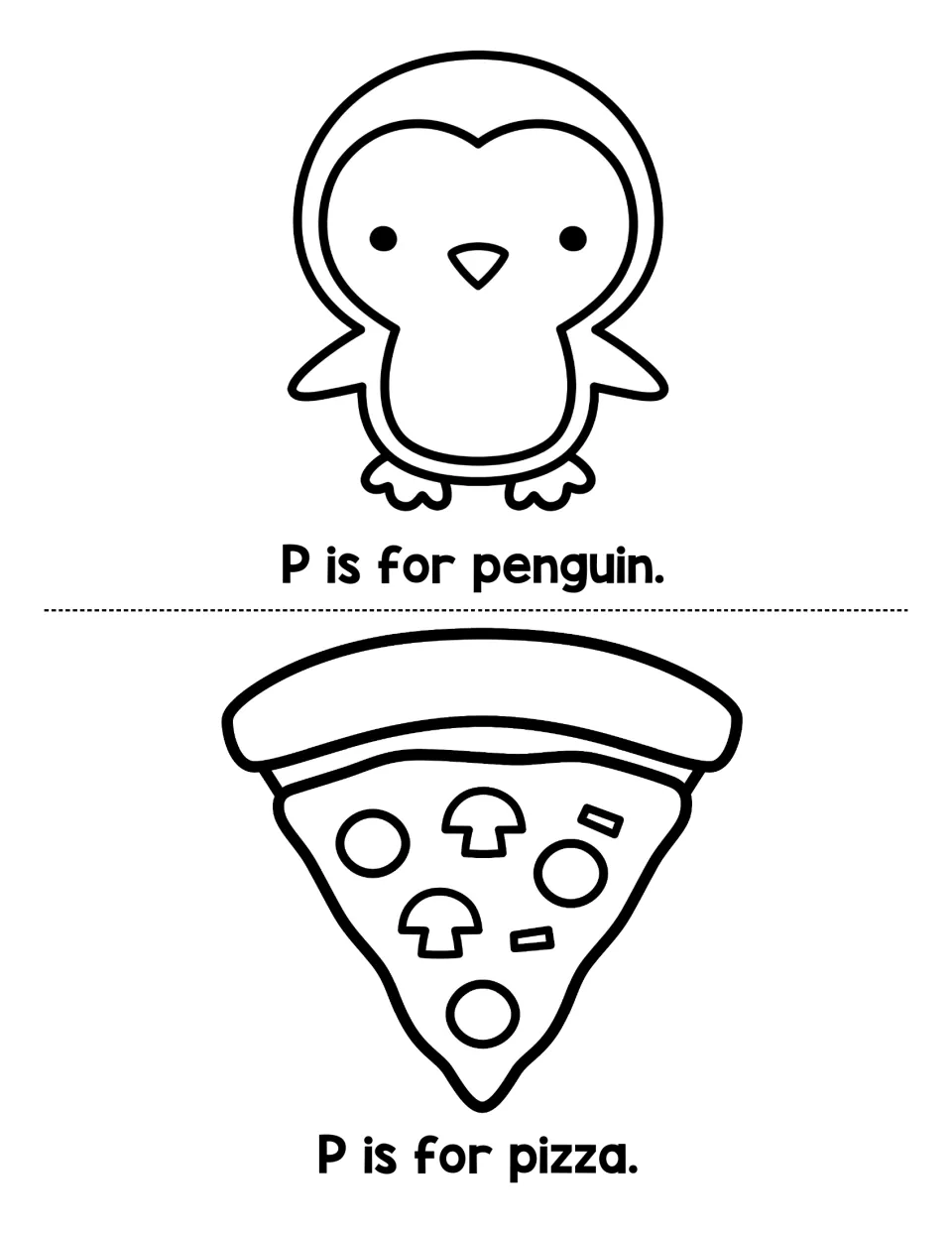 Letter P words: students read P is for penguin and P is for pizza and color a penguin and a pizza slice with toppings