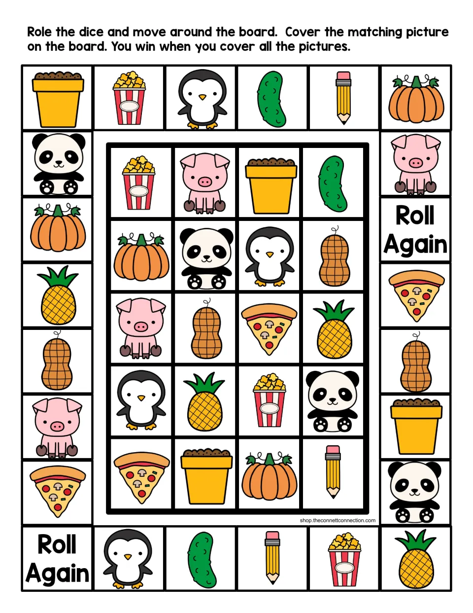 Letter P sound game in color: students roll a die, move on the path and cover pictures like pig, pizza and pumpkin
