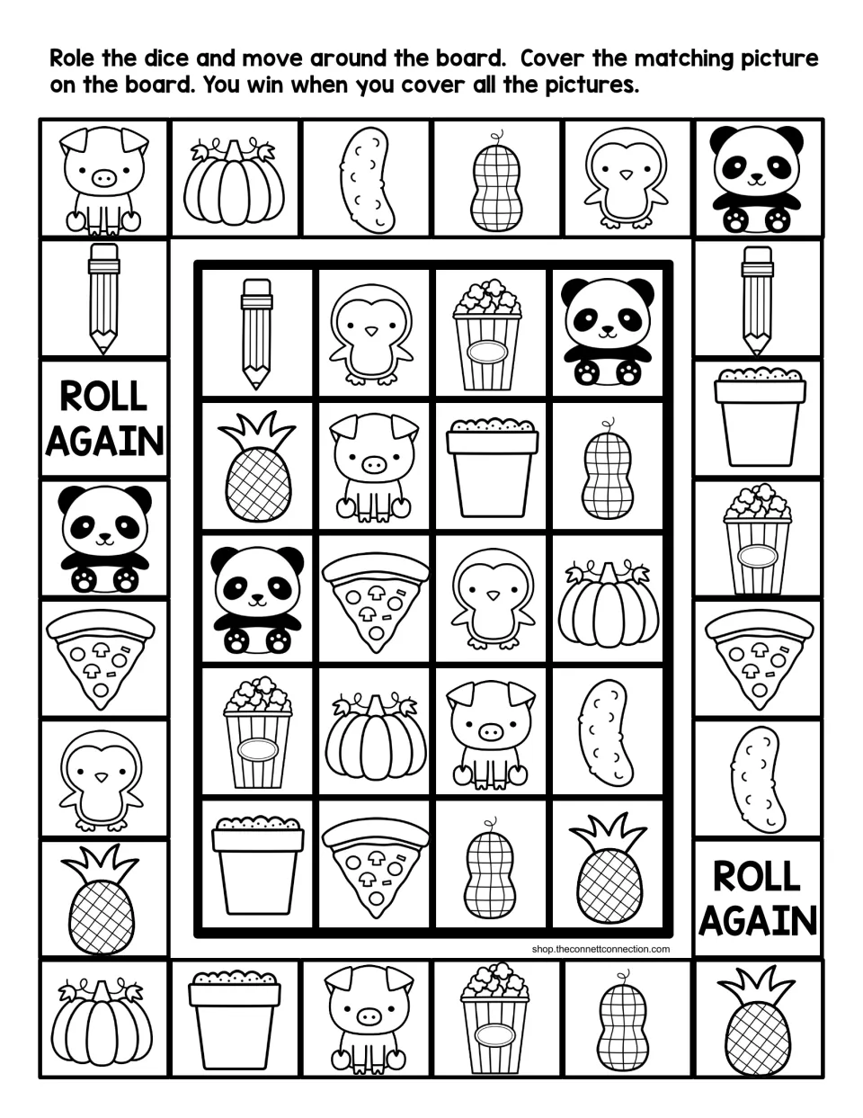 Black-and-white /p/ picture board: players roll, move and cover matching pictures such as panda, penguin, peanut and pencil