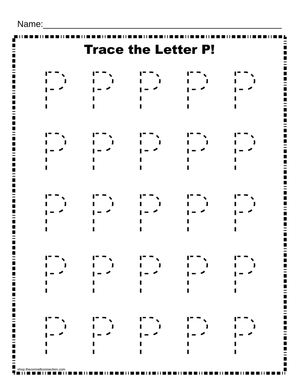 Trace the Letter P: students trace 25 dotted uppercase P letters to practise forming the capital letter shape