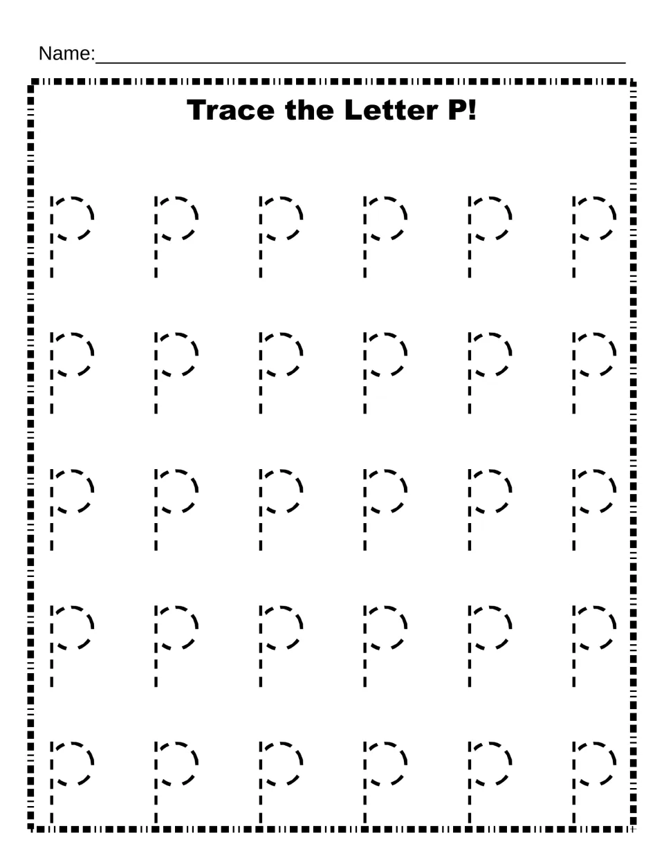 Lowercase p tracing: students trace 30 dotted lowercase p letters to practise forming the small letter shape